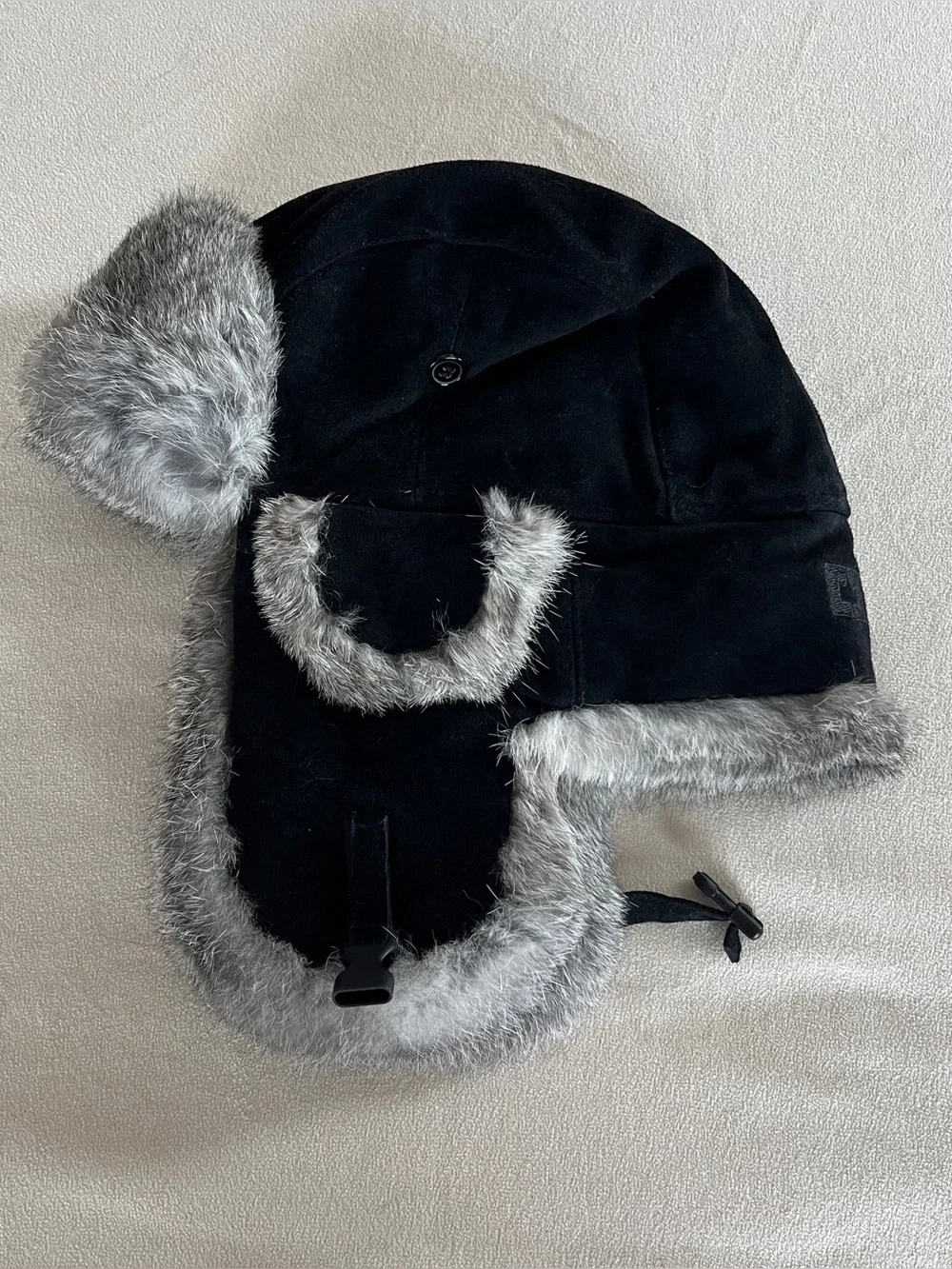 Nathaniel Cole Crown Cap Rabbit Fur Black & Grey Bomber Winter Hat
